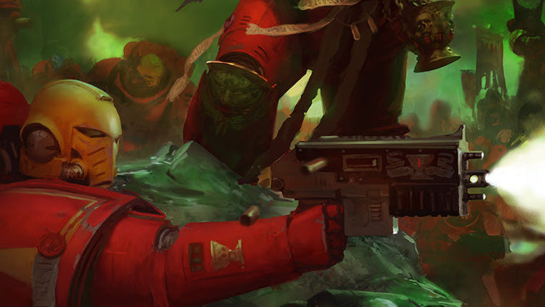 Warhammer 40,000 character in red armor with a sword and gun, surrounded by greenery.